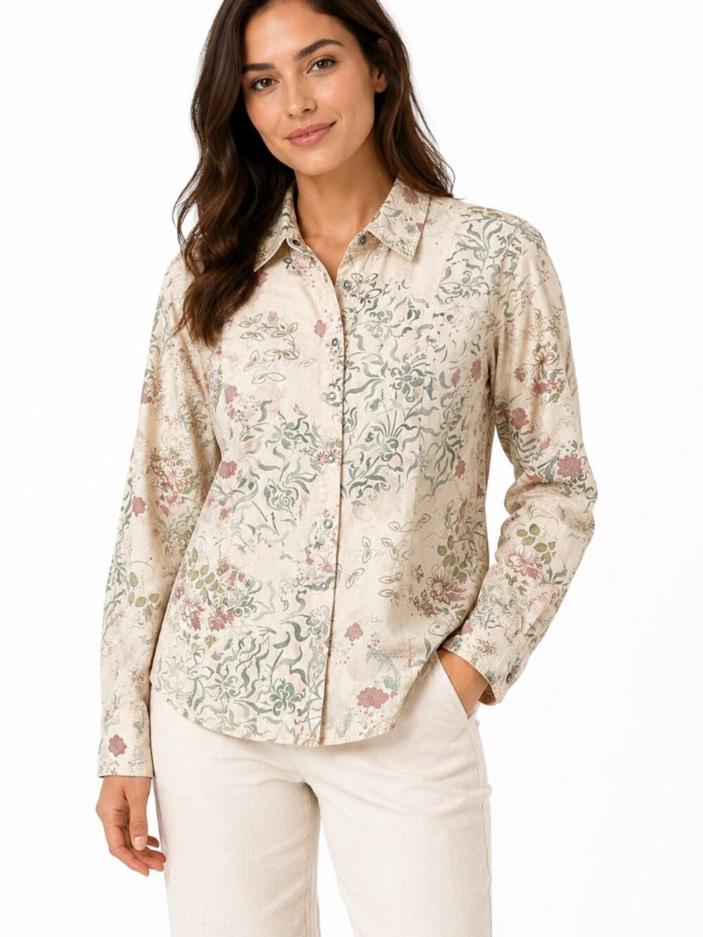 J. Jill Floral Botanical Snap Front Shirt Long Sleeve Blouse 100% Cotton Size M